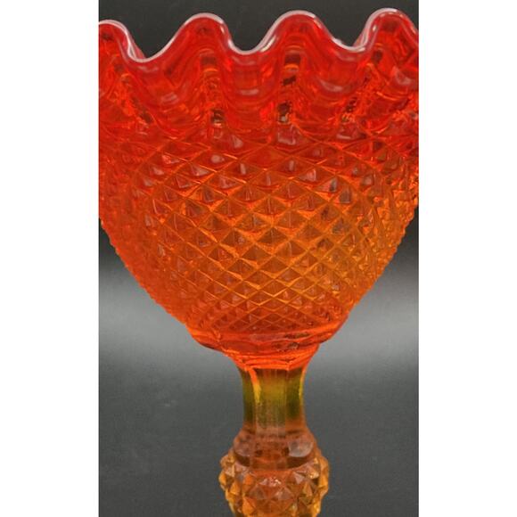 Fenton? Amberina Red / Orange Art Glass Ruffle-Edge Pedestal Bowl - Ornate Dish - Picture 12 of 12